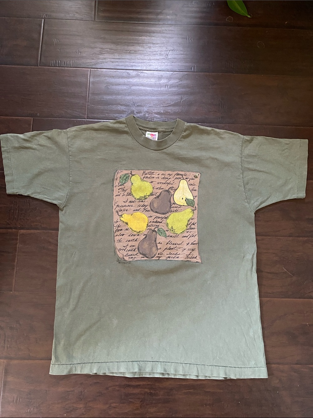 Vintage Single Stitch Olive Green Graphic Pear Print T-Shirt
